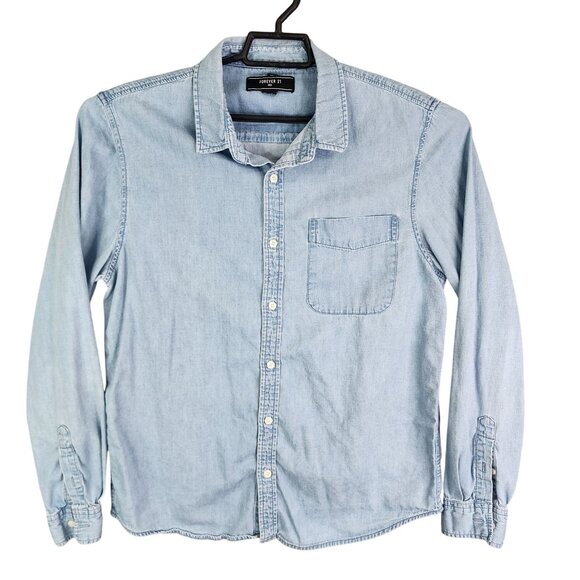 Mens Forever 21 Blue Denim Shirt Long Sleeve Button Up Front Pocket Size L - Picture 1 of 8